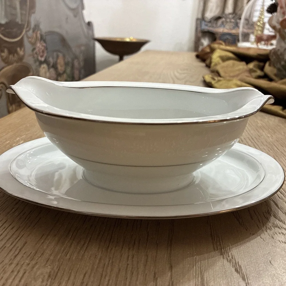 Noritake Whitehall China Gravy Boat w/Attached Underplate Silver Trim 1 PC VTG